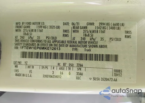 2021 Ford F-150 Lariat z USA, uszkodzony, nr VIN 1FTEW1EP6MKE12613